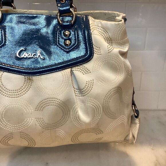 Coach Ashley Dotted OpArt Tan /Navy Blue Canvas/Patent Leather Carry All Satchel - Picture 3 of 14